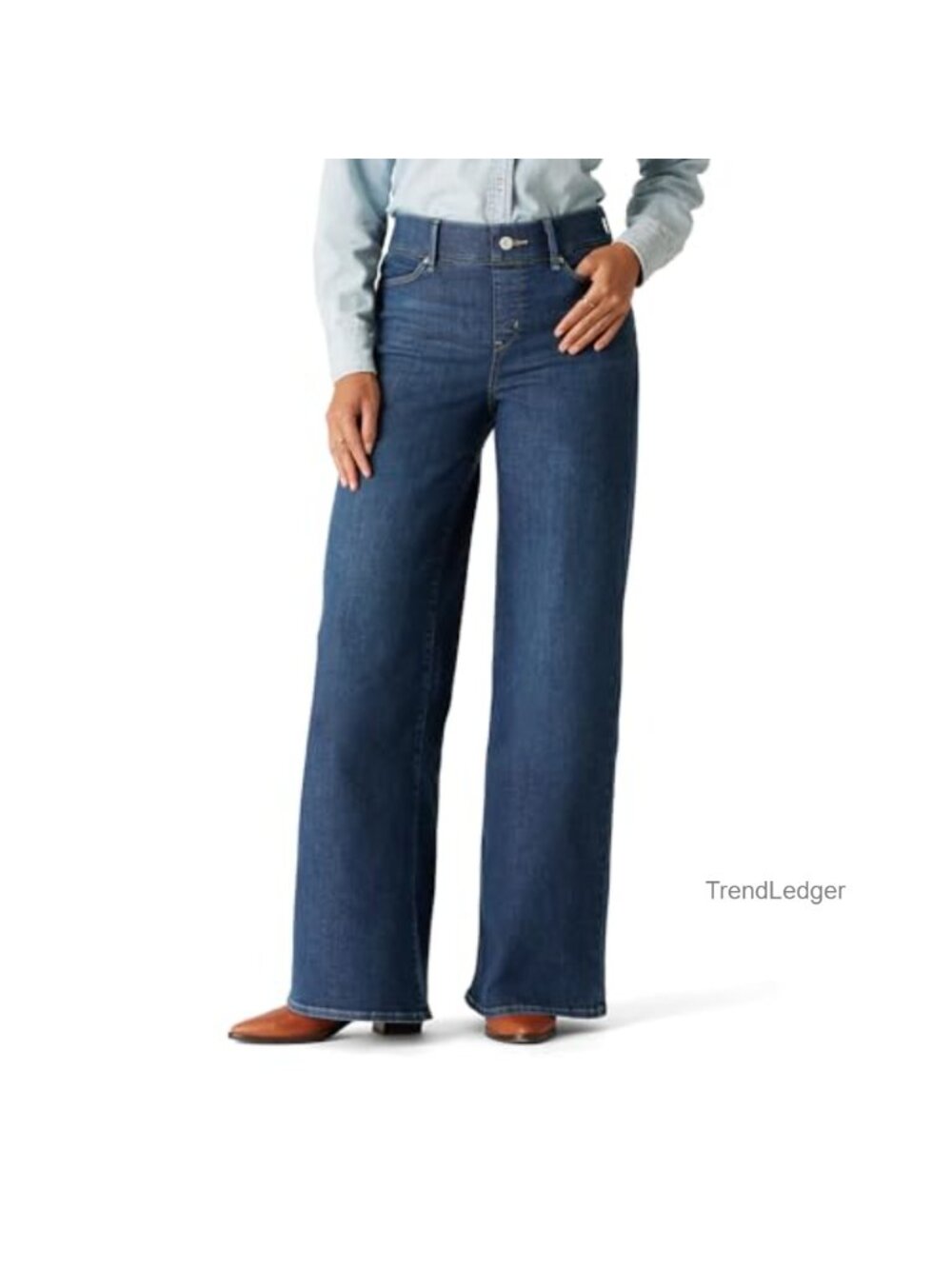 Wide Leg Pull On Shaping Jeans Mid Rise Stretch Denim